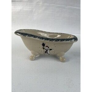 Vintage Bathtub Mini Tub Candleholder with Snowman Decor Blue Trim